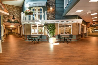 Bright common area with seating and decor