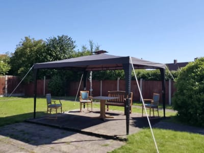 Outdoor seating area under a canopy