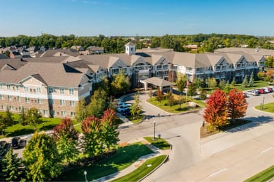Aerial view of Rose Senior Living building and landscape.