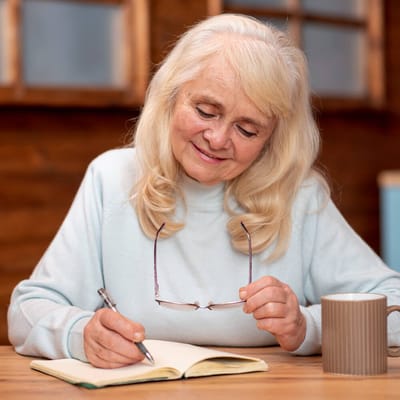 Senior woman writing in a notebook with a warm smile.