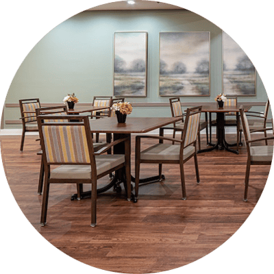 Dining area with tables and decorative art