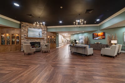 Spacious interior lobby with seating and decor.