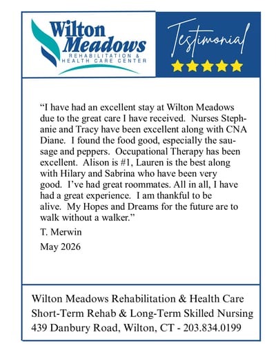 Testimonial card from Wilton Meadows Health Care Center.