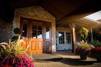 Beautifully adorned entrance with flowers