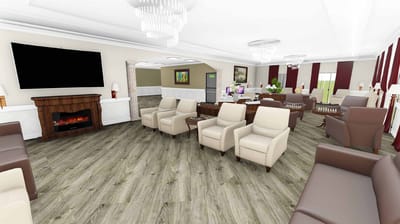 Cozy common area with seating and fireplace.
