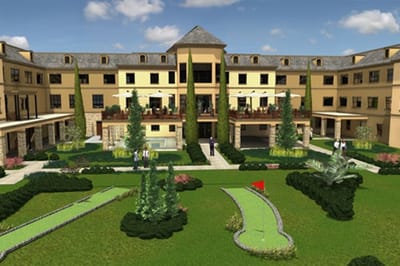 Exterior view of a senior living residence with garden