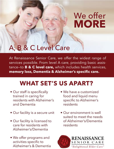 Elderly couple smiling with care information displayed