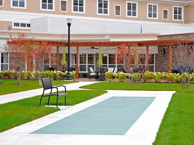Outdoor space with seating and walking path