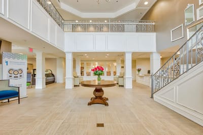 Spacious lobby with elegant decor and seating