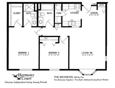 Architectural floor plan of a two-bedroom unit