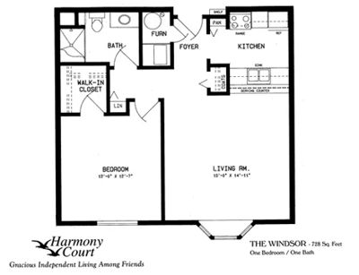 Architectural floor plan of a one-bedroom apartment