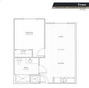 Architectural floor plan of a one-bedroom unit