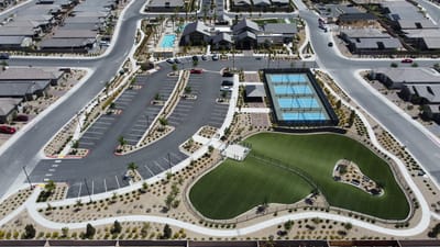 Aerial view of a large senior living community with amenities