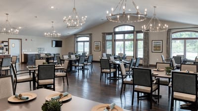 Bright dining room with elegant chandeliers