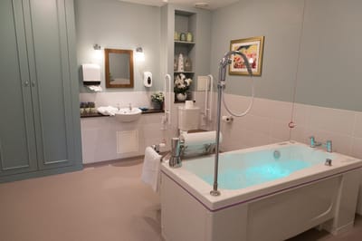 Modern assisted bathroom with a large tub and accessible features