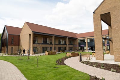 Sunny outdoor area with residents enjoying the garden