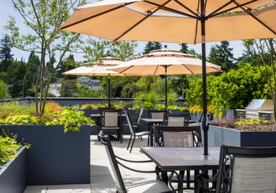 Outdoor patio with umbrellas and seating area