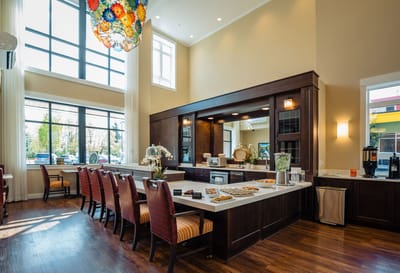 Bright dining area with snacks and beverages