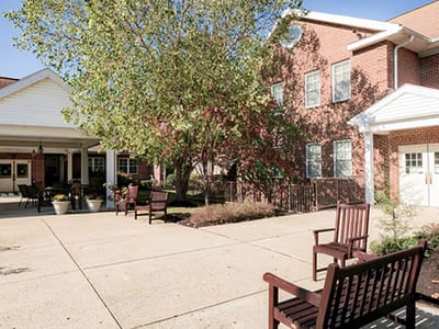Outdoor seating area at a senior living facility