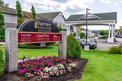 Exterior view of Fairview Senior Living sign and entrance