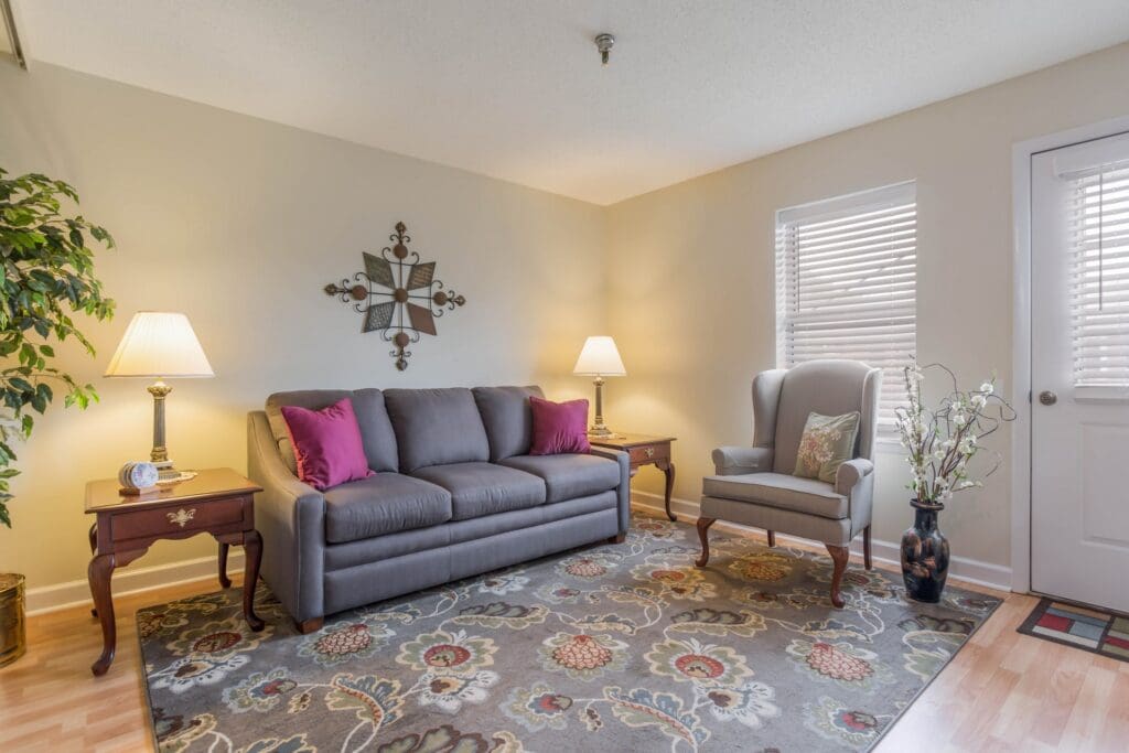 Cozy interior living space with a sofa and armchair