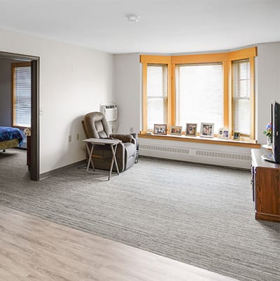 An interior living space with natural light and decor