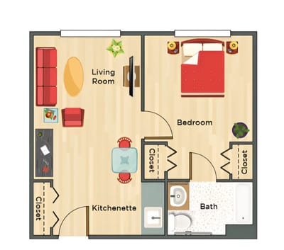 Architectural floor plan of a one-bedroom unit