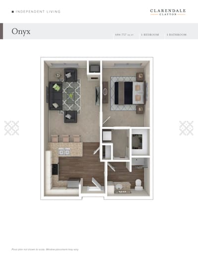 Architectural floor plan for a one-bedroom unit