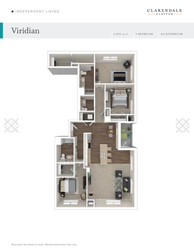 Architectural floor plan for a three-bedroom apartment