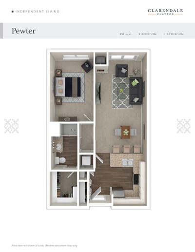 Floor plan of a one-bedroom apartment in Pewter