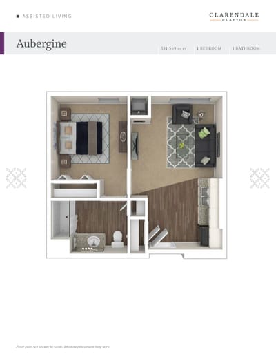 Architectural floor plan of a one-bedroom unit