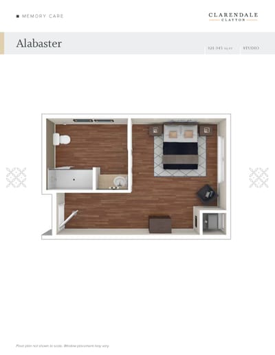 Floor plan of a studio apartment for memory care