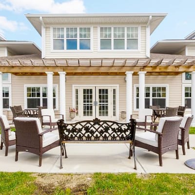 Outdoor seating area at a senior living facility