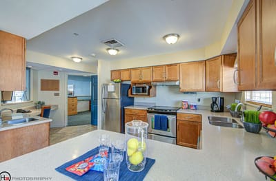 Bright kitchen space with modern appliances and snacks