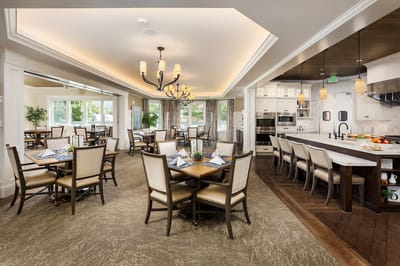 Well-furnished dining room with tables set for meals