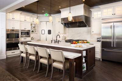 Modern kitchen with an island and seating for residents