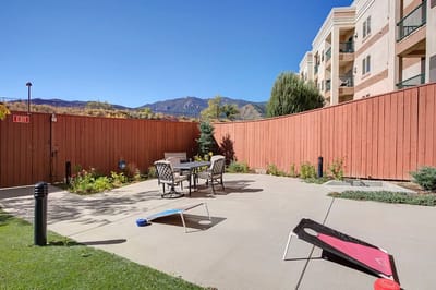 Outdoor seating area with views of mountains