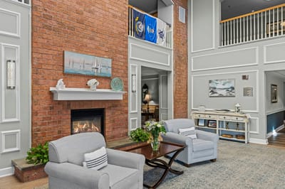 Cozy interior of a common area with a fireplace