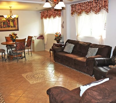 Cozy common area with comfortable seating and dining table