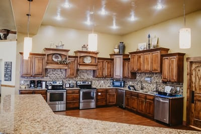Modern kitchen interior with wooden cabinets and appliances