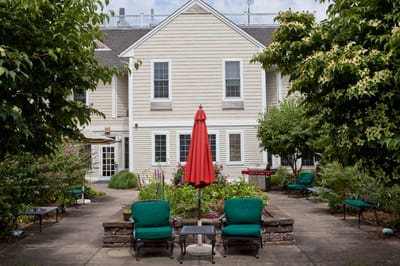 Outdoor garden area with seating and an umbrella