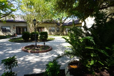 Lush outdoor area with garden and walking paths