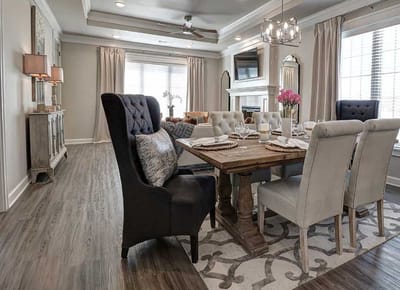 Stylish dining area with a large wooden table