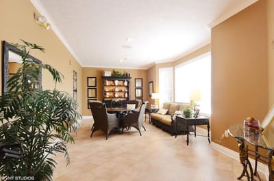 Bright common area with seating and decor
