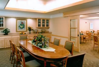 Interior view of a dining room with a large table