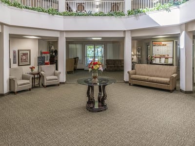 Bright and welcoming common area with seating