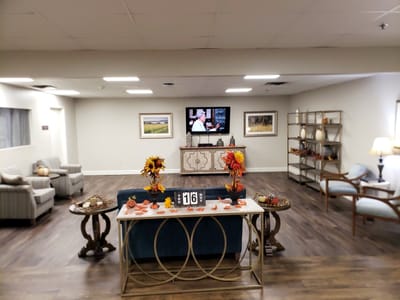 Common area with seating and seasonal decorations