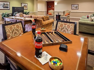 Common area with a backgammon set and seating