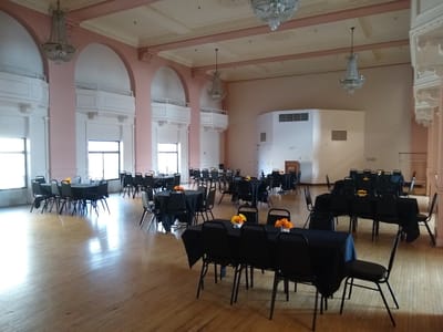 Interior of a large facility common area set up for an event