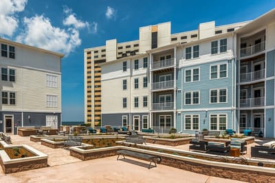 Outdoor seating area with landscaped gardens